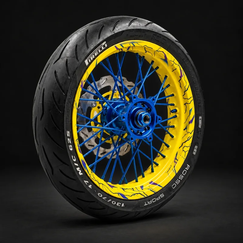 Déco de jante jaune et bleue sur une roue de supermotard